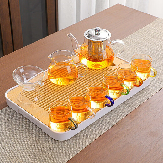 High temperature resistant glass kung fu tea set office home teapot tea cup tea set complete set of combined tea ceremony 4 color cups-Bajun pot + small black plate