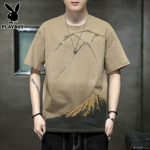 Playboy (PLAYBOY) short-sleeved t-shirt men's pure cotton clothes 2025 summer new fashion brand casual loose printed t-shirt men's 829 black XL 121-140Jin Jin equals 0.5 kg