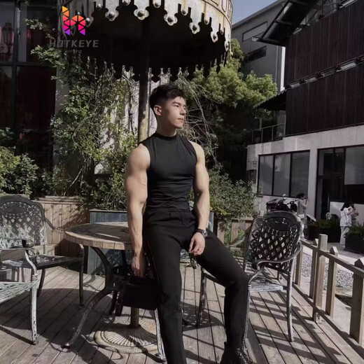 山森南狮美式冰丝半高领背心男夏季薄款坎肩无袖t恤西装打底纯色运动汗衫 黑色 M