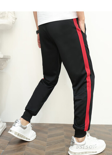 Navy blue two-striped leg-locked school uniform pants, customized plus fat plus size for boys and girls, black cotton polyester loose sports pants, navy blue wide red striped leg-locked S