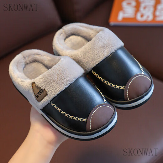 SKONWAT children's cotton slippers parent-child male and female baby large, medium and small PU waterproof parent-child indoor home warm soft bottom non-slip 350 blue 26-27 size inner length 16cm 2-4 years old