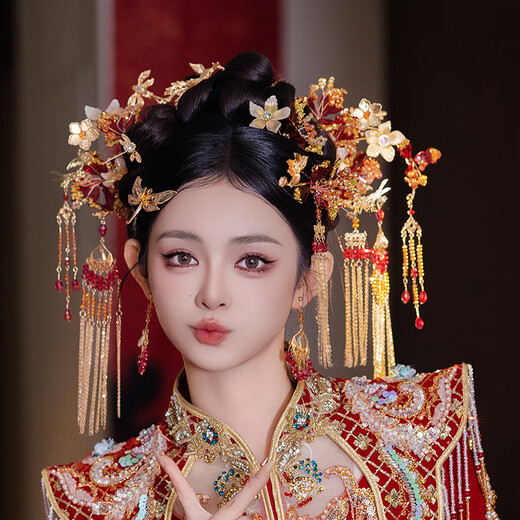 Shilian Bridal Headdress Gold Red Flower Handmade Dragonfly Phoenix Tassel Hairpin Chinese Ancient Costume Xiuhe Wedding Hair Accessory Headwear Set G0168