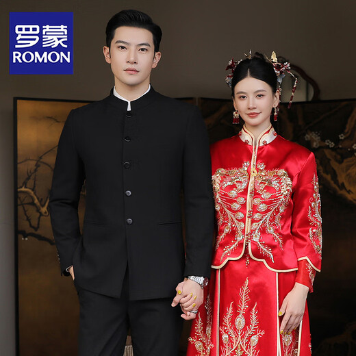 ROMON New Chinese style stand collar tunic suit suit men's Chinese style groom wedding engagement dress suit slim suit black (suit + trousers) 2XL /54 135-150Jin Jin is equal to 0.5kg wear