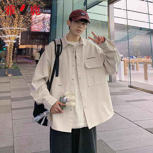 Yalu Spring and Autumn Loose Jacket Men's Trendy Hong Kong Fashion Style Jacket Men's Street Casual Large Size Tops Graphite Black Black XL Recommended 100-135Jin Jin is equal to 0.5 kg