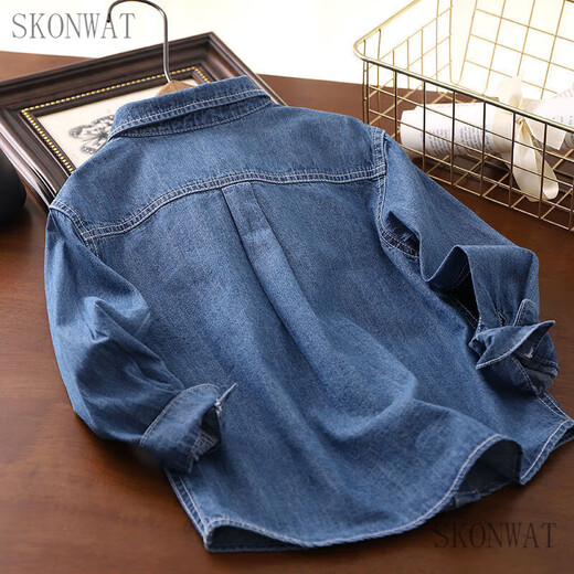 SKONWAT boys' denim shirt spring and autumn new children's long-sleeved casual jacket student shirt cardigan outer top blue cloth 130 size recommended height around 120cm