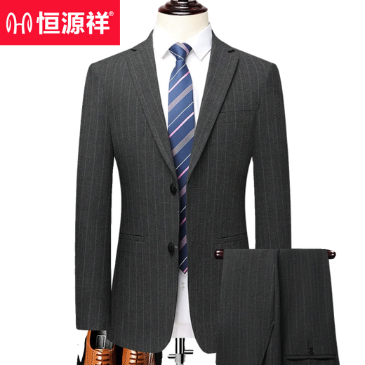 Hengyuanxiang Spring and Autumn Men's Suit Suit for Young and Middle-aged Business Casual Formal Wear Wool Korean Striped Suit-like No-iron Dress Black Gray Dark Fine Vertical Stripes 8982 Spring Autumn Winter Style 3XL 190/104A 54