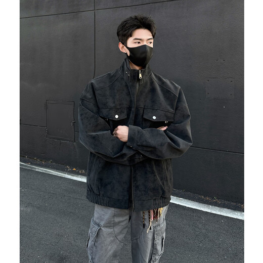 NYING matte pu leather jacket men's 25 spring and autumn new American fashion brand fashion brand retro loose stand-up collar work jacket JK306 gray XL (130-150Jin Jin equals 0.5 kg)