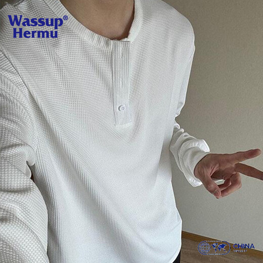 WASSUP HERMU official trendy brand sweatshirt for men in autumn and winter with relaxed feeling Henry collar waffle long-sleeved T-shirt American style inner layering shirt gray 2XL (recommended 145-165Jin Jin equals 0.5kg)