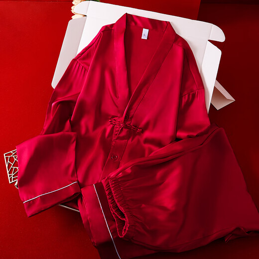 VURM Silk Pajamas Women 100 Mulberry Silk Spring and Summer Wedding Birth Year Couple Red Home Wear Gift Box Set Chang Xiangsui (Men's Style) L