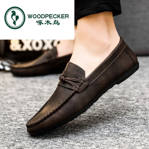 啄木鸟豆豆鞋男2024年夏季男鞋潮透气英伦一脚蹬男士休闲皮鞋男真皮 D826棕色 40