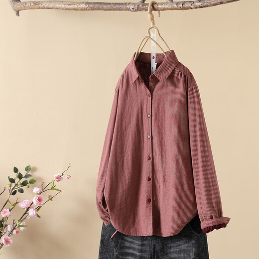 HIPPATIA100%纯棉衬衫狐狸刺绣条纹女双层长袖宽松春秋文艺小清新打底衬衣 浅灰色 w6623 M