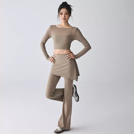 Yoga Girl Fake Two-piece Yoga Wear Long Sleeves with Padded Mesh Quick-Drying Pilates Fitness Wear Sports Top Almond M (95-115Jin Jin equals 0.5kg)