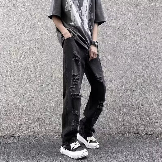 Ripped jeans men's spring and summer new trend American high street slim Korean version ins straight casual pants Blue Haochao 9903 M