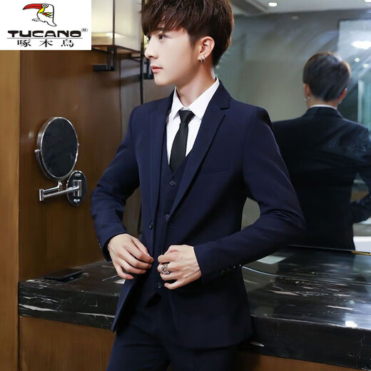Woodpecker (TUCANO) Suit Suit Men's Business Formal Groom Groomsman Wedding Dress Korean Slim Teen Student Suit Complete Set 1 Button Navy (Seven-piece Set) XL (127-137 Jin Jin equals 0.5 kg)