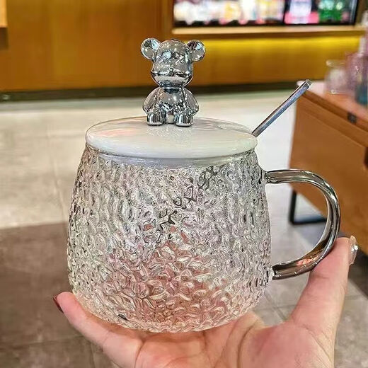 
Glass cup with lid bear cup high-value cup office home coffee cup internet celebrity hot water cup 1 small bear cup (with spoon) 270ml