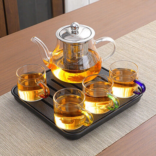 High temperature resistant glass kung fu tea set office home teapot tea cup tea set complete set of combined tea ceremony 4 color cups-Bajun pot + small black plate
