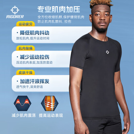 Accurate short-sleeved compression clothing quick-drying high-elastic fleece fitness clothing training sports running T-shirt short-sleeved bottoming tights for men Z123210348/pure black 2XL (185)