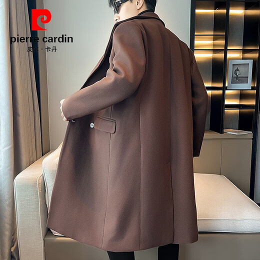 Pierre Cardin mid-length woolen coat for men 2024 autumn and winter new British style handsome loose woolen over-the-knee windbreaker jacket black M