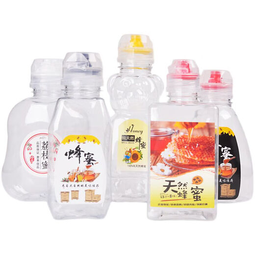 Honey bottle with pointed mouth, squeeze and pack, transparent plastic bottle, empty portable honey jar with flip cover, press for easy pouring, 695g empty bottle + 36 caps, random stickers 0ml