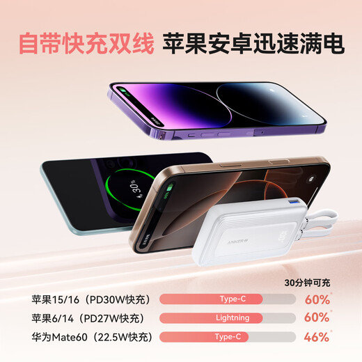 ANKER New 3C certified zoloMFI certified travel power bank comes with dual-wire 20000 mAh large capacity mobile power supply 30W fast charging Android Apple White