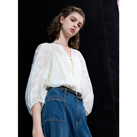 Tricolor 2025 Autumn Loose Two-piece Set Embroidered Lyocell Shirt Camisole Women's Off-White XL 170/92A