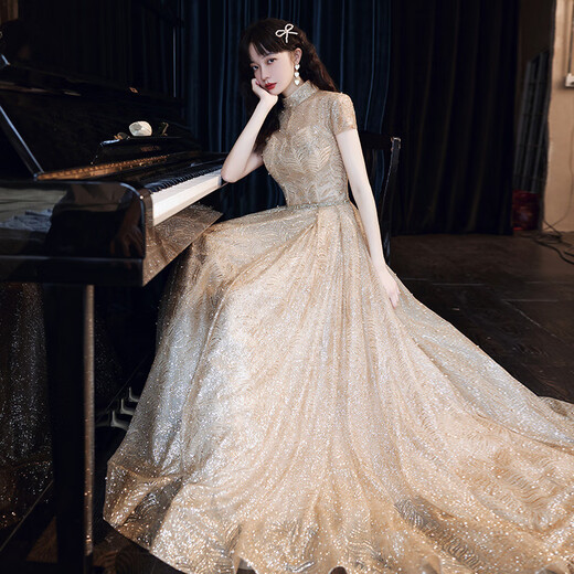 Rindu art candidate's music dress performance dress light luxury banquet host high collar art exam music student adult ceremony gold M