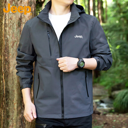 Jeep (JEEP) jacket men's autumn and winter casual hooded jacket men's trendy loose assault clothing men's gray 2XL