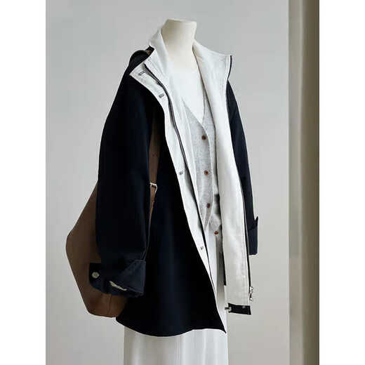 ROMON sense stand collar windbreaker jacket for women 2025 new spring and autumn small casual Korean Hepburn style short women's clothing navy blue L -110-120Jin Jin is equal to 0.5 kg