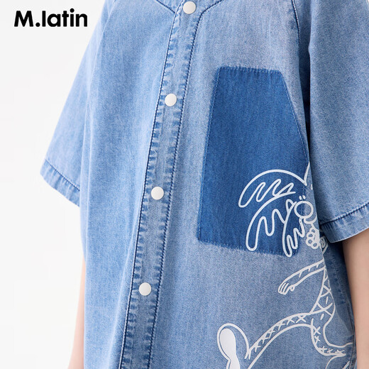 M.Latin M.Latin Children's Clothing Children's Shirt 25 Summer Clothes New Men's and Big Children's Resort Style Printed Short-Sleeved Shirt Denim Light Blue 120