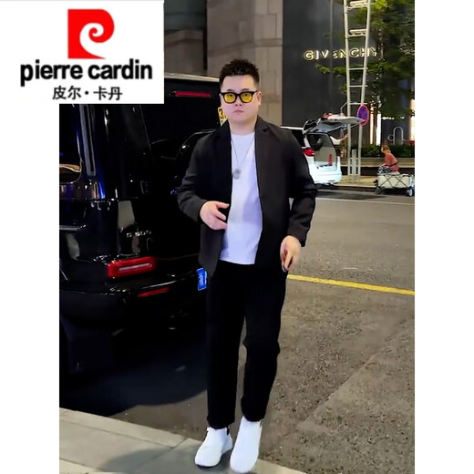 Pierre Cardin spring and autumn slimming outfit for slightly fat boys with light and sophisticated style small blazer for fat men, large size casual woolen suit, black suit + white T-shirt + black trousers M recommended 95-120 Jin Jin equals 0.5 kg