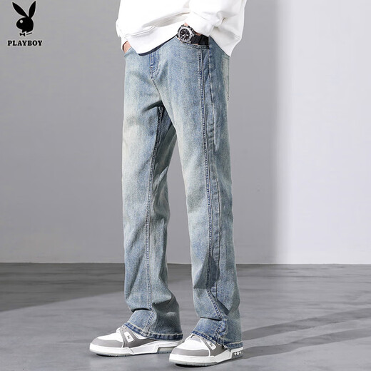 Playboy; PLAYBOY jeans men's 2025 spring and autumn American loose straight micro-flare long pants for boys summer YM-9901 nostalgic blue S 90-105Jin [Jin equals 0.5 kg]