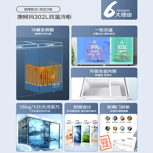 AUCMA 302 liter household freezer, dual-temperature double-box large-capacity freezer, horizontal ice cream cabinet, dual-temperature freezer, refrigerated all-copper tube BCD-302CNE national subsidy