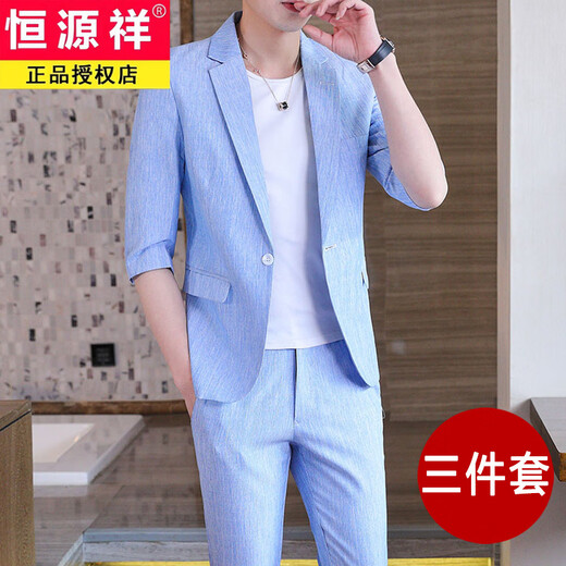 Hengyuanxiang suit suit for men 2025 new solid color thin Korean style trendy light mature style three-quarter sleeve jacket small suit set 929 black solid color M 90-105Jin Jin equals 0.5 kg