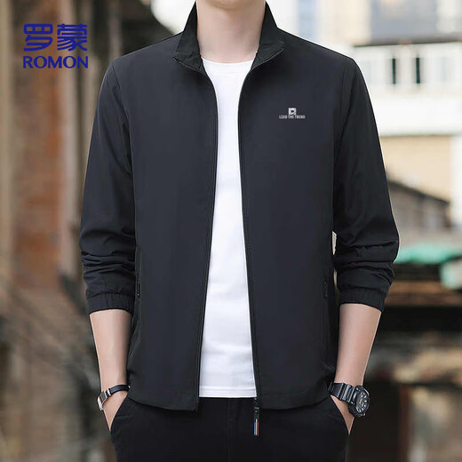 ROMON Jacket Men's Autumn Business Executive Stand Collar Loose Casual Windproof Jacket Men's Dad JK02 Black XL