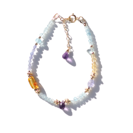 Pop's original design natural amethyst, tanzanite, aquamarine, gold and amber, American 14K gold-filled beaded fortune bracelet, a customized bracelet