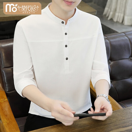 Modal three-quarter sleeve stand collar short-sleeved T-shirt men's summer henley collar half-sleeved polo shirt pure cotton three-quarter sleeve top 1899 white XL 120-140Jin Jin equals 0.5 kg