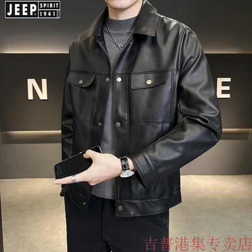 JEEP SPIRIT American retro pu leather jacket men's spring and autumn style multi-pocket motorcycle short style trendy handsome leather jacket coffee color M