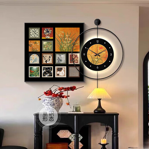 Bailian Restaurant mit mittlerem Stil Dekorative Malerei LED -Leuchten mit Uhren und Uhren Mural Retro Esstisch Hintergrund Wandhängemalerei K12807 + PB58 A80*80 cm Malerei + 60*60 cm Wanduhr mit Pendel [