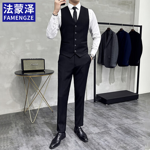 法蒙泽西装马甲套装男结婚伴郎团礼服商务休闲大码工作服背心职业男装 黑色马甲+领带 2XL 【125-140斤】