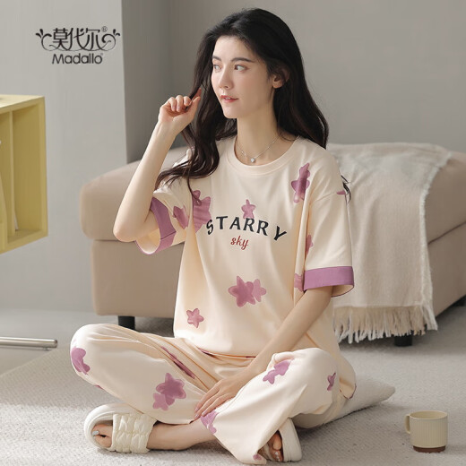 Modal summer women's short-sleeved pajamas set pure cotton cotton trousers home clothes spring and autumn thin styles can be worn outside in spring and autumn Y9712 M (recommended 75-95Jin [Jin equals 0.5 kg])