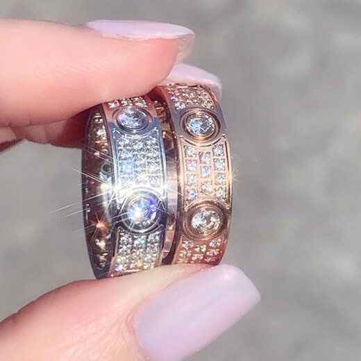 Fujiu love baby's breath ring for men and women, pair of rings plated with 18K gold nails, full of diamonds, wide and narrow version, light luxury and high-end, narrow version, white gold, three rows of baby's breath, ring, 50, US size 5, gold shop No. 8-10