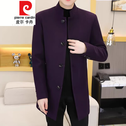 Pierre Cardin winter woolen windbreaker men's mid-length stand-up collar tunic solid color coat Korean style casual Nizi coat 2313 purple mid-length windbreaker 3XL