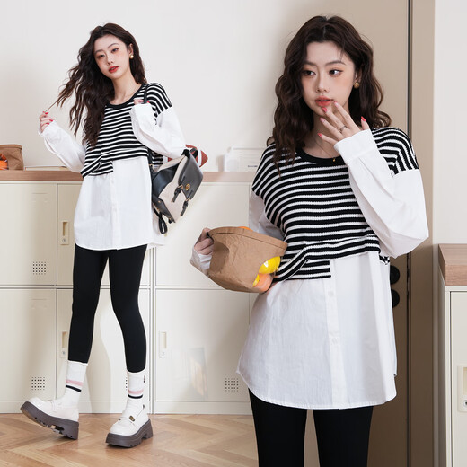 JOYNCLEON maternity wear autumn and winter long-sleeved shirt top maternity belly cover shirt western style t-shirt white L Jwc174316