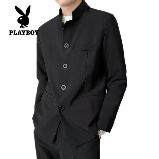 Playboy (PLAYBOY) New Chinese style tunic suit handsome stand collar national style suit jacket suit dress casual Tang suit shoulder pad black jacket + pants belt 2XL