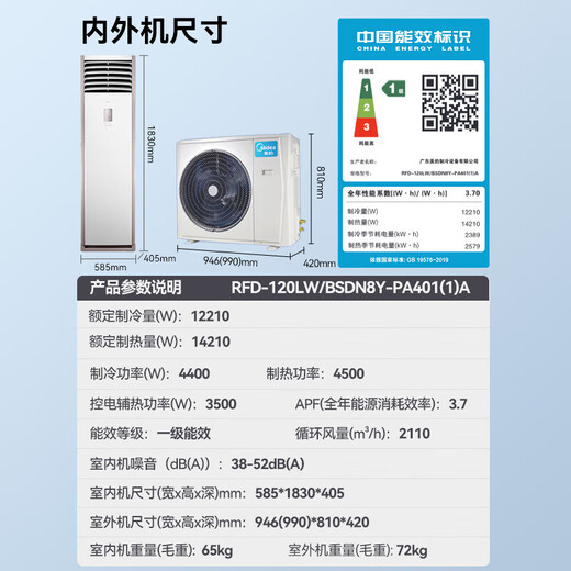 Midea central air conditioner 5 HP cabinet air conditioner 5p cabinet vertical first class energy efficiency variable frequency 380V RFD-120LW/BSDN8Y-PA401(1)A National subsidy