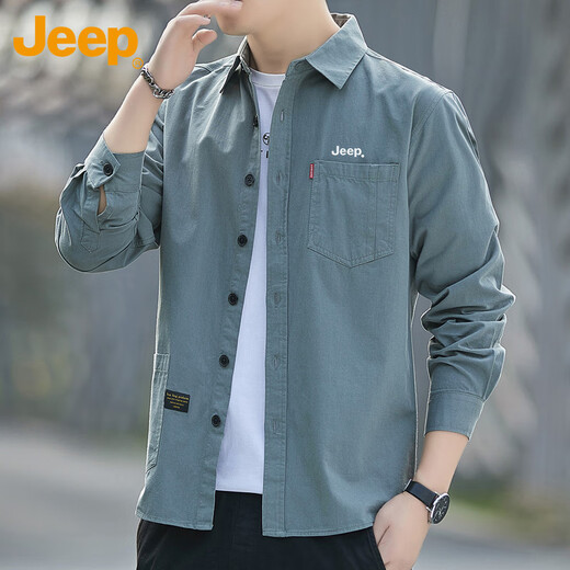 吉普（JEEP）长袖衬衫男春秋季工装外套男士潮流宽松衬衣服男装上衣 灰绿 XL 