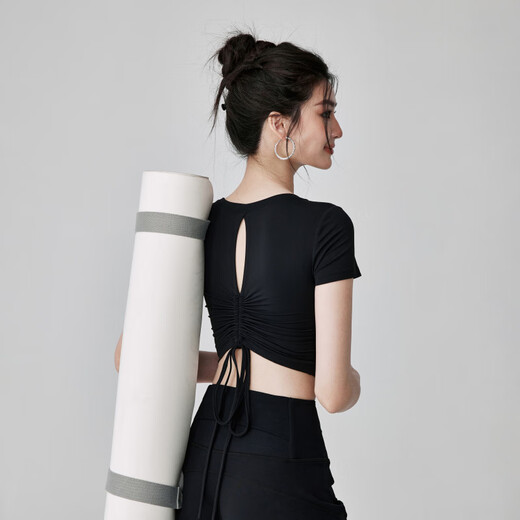 LULULMCCTN with chest pad yoga short-sleeved women's professional Pilates training running sports top fitness T-shirt black long-sleeved M