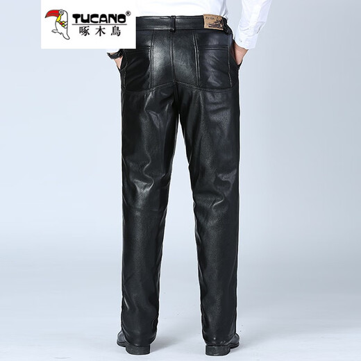 Woodpecker winter leather pants for middle-aged and elderly men with fur integrated velvet and thickened waterproof and oil-proof motorcycle knee pads leather pants black 2XL (130-145Jin Jin is equal to 0.5kg)