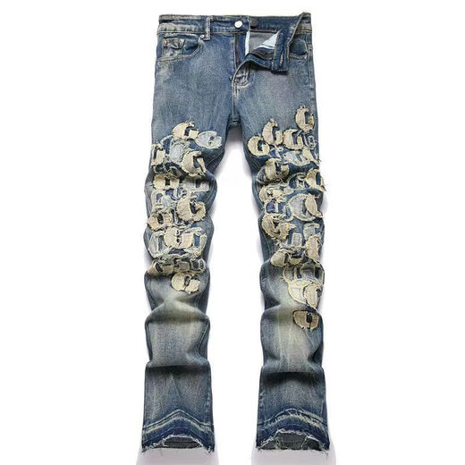 Fadenjue Emil Slim Fit Men's Jeans Lettre de broderie déchirée Patch Patch Slim Fit [de haute qualité] M724 M 95-105Jin [Jin est égal à 0,5 kg]