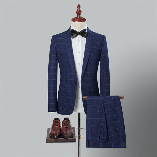 SHANSHAN light luxury brand men's suit wedding dress slim plaid business casual suit for men blue plaid L 170